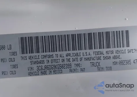 2019 Ram 1500 Classic Tradesman 4X2 8' Box z USA, uszkodzony, nr VIN 3C6JR6DG9KG502399